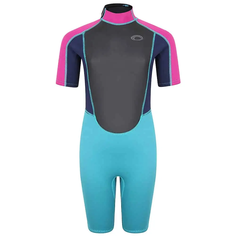 Typhoon Storm3 Shorty Wetsuit For Youth - Aqua / Fuchsia / Navy