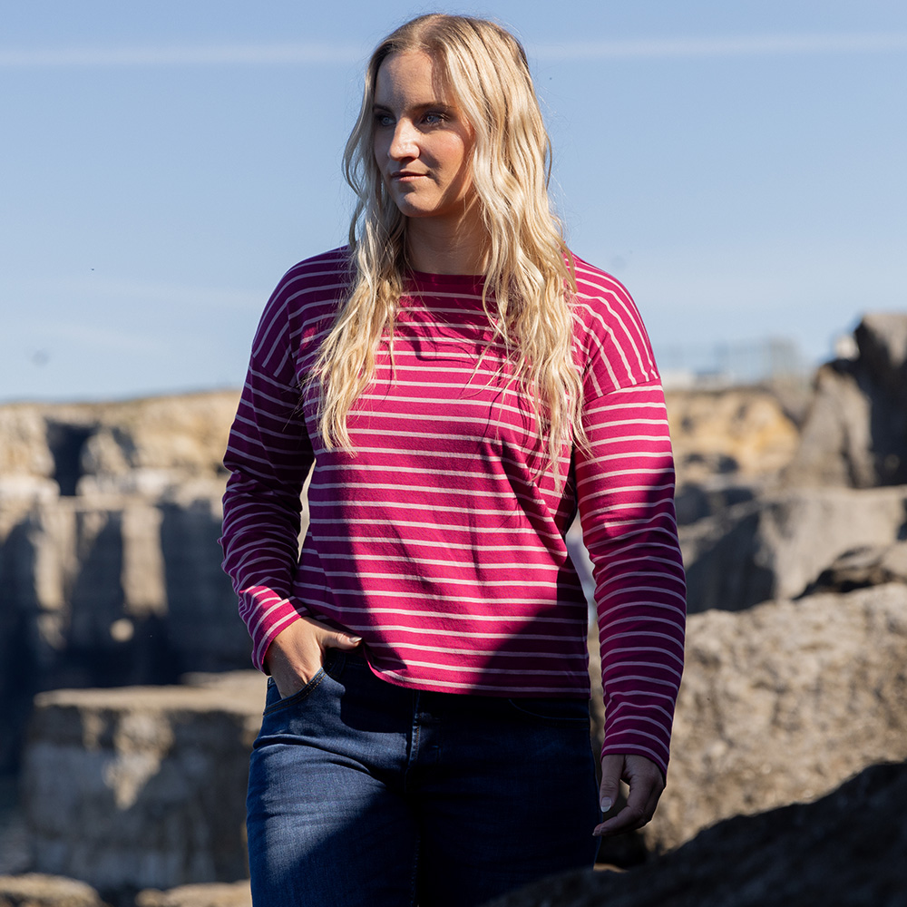 Musto Women's Original Long Sleeve Stripe Tee - Oyster Pink / Very Berry
