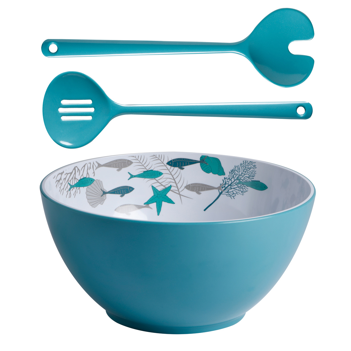 Coastal Melamine Salad Bowl & Serving Cutlery - Image