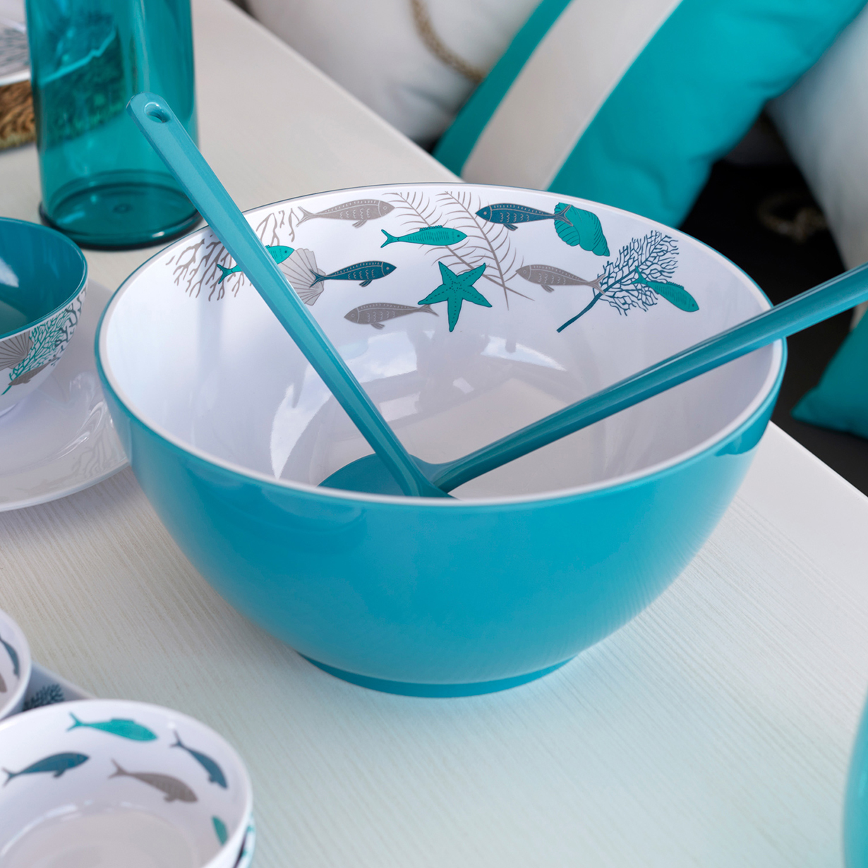 Coastal Melamine Salad Bowl & Serving Cutlery - Image